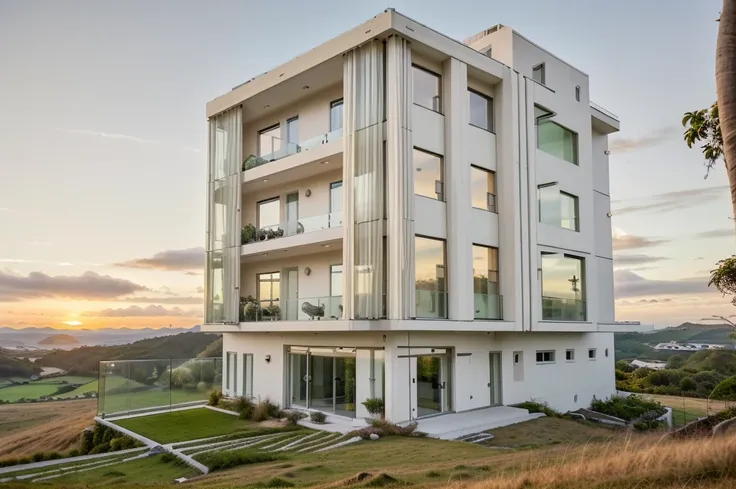 in the morning, sunrise, contemporary house exterior, beige and white mix together, glass door and window, large span balcony, on grassland, hillside, tropical landscape, masterpiece, high quality, ultra hd,