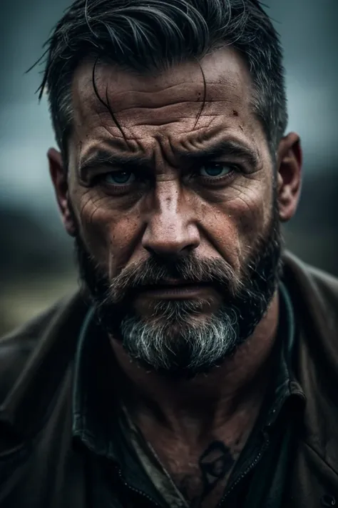 a battle-hardened ex-soldier with grey hair and a beard, rugged, weathered face, battle-scarred, wandering drifter, detailed highly realistic portrait, dramatic lighting, cinematic composition, moody atmosphere, (best quality,4k,8k,highres,masterpiece:1.2)...