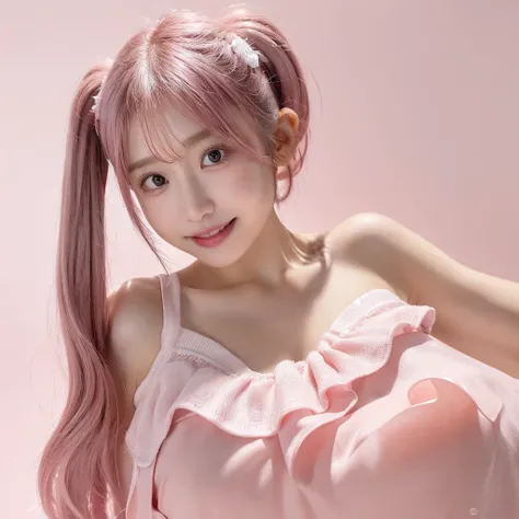 Shot with a top-of-the-line camera. highest quality, illustration, ultra-detailed, intricately detailed, high resolution, 8k, very large breasts, A youthful look of about 15 years old. Slim and well-proportioned, pink hair in twin tails, fair skin. She is ...