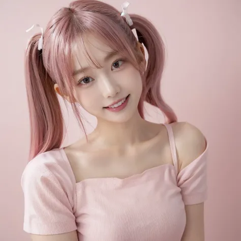 Shot with a top-of-the-line camera. highest quality, illustration, ultra-detailed, intricately detailed, high resolution, 8k, very large breasts, A youthful look of about 15 years old. Slim and well-proportioned, pink hair in twin tails, fair skin. She is ...