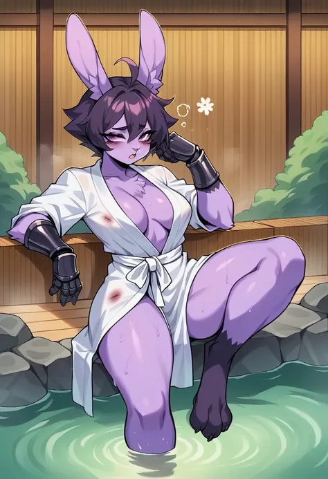 create a picture of a female half rabbit character  with purple giant rabbit digitigrade legs with white paws and black stains, put purple rabbit ears on top of her head with black stains, make her wearing a white bathrobe, put purple fur on her arms from ...