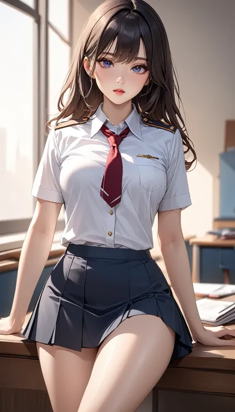 masterpiece, high resolution, beautiful woman, Korean Beauty, uniform, mini skirt, high school student, beautiful woman, looking at me, (high resolution face), (high resolution eyes), (high quality eyes), thighs
