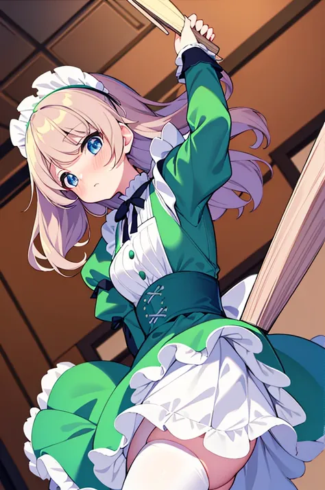 masterpiece, best quality,1girl, solo,whtie hair,medium hair,blue eyes,long sleeves,juliet sleeves,apron,maid,maid headdress,puffy sleeves,green dress,vest,buttons, white thighhighs,standing, looking at viewer, nose blush, (holding mop:1.3), (from below:1....