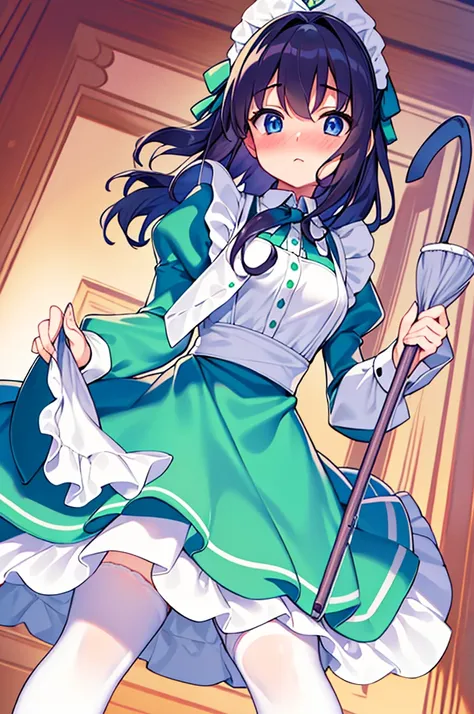 masterpiece, best quality,1girl, solo,whtie hair,medium hair,blue eyes,long sleeves,juliet sleeves,apron,maid,maid headdress,puffy sleeves,green dress,vest,buttons, white thighhighs,standing, looking at viewer, nose blush, (holding mop:1.3), (from below:1....