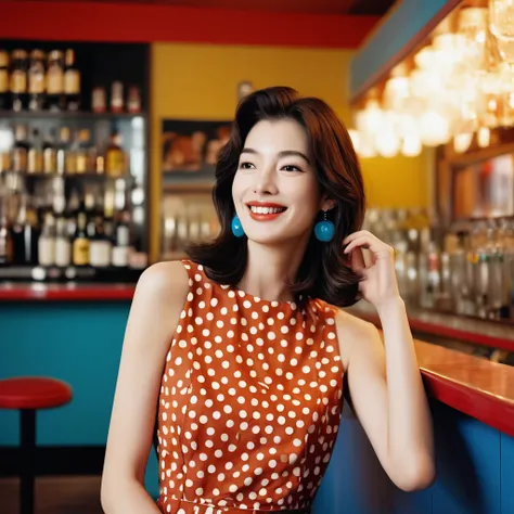 portrait of a retro giggling 60s beautiful face Korean girls, still from the film, ((solo)), (Anne Hathaway look alike face: 0.9), with sixties high hairstyle drinking a cosmopolitan, polkadot dress, in a sixties colorful bar, sixties wallpaper, giggling, ...