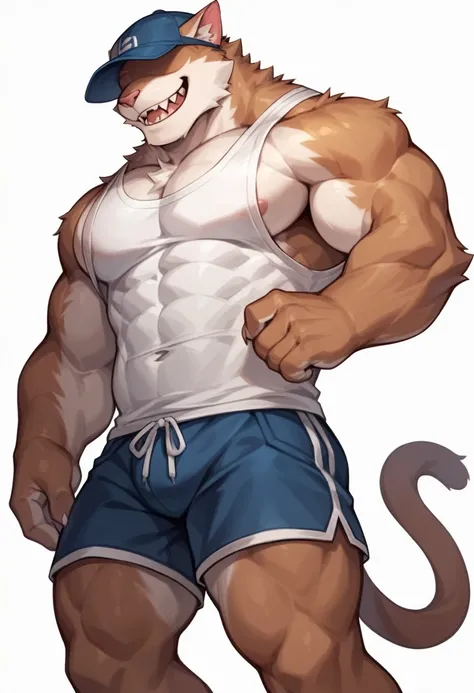 Cat, good looking, male, anthro, shorts, ultradetailed, muscular, solo, bareness, rippling muscles, muscles, simple background, white background, tail, cap, obscured eyes, smile, sleeveless shirt, two-tone fur, sharp teeth,