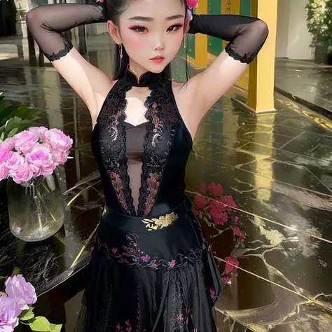 there is a young girl posing in a black dress with a flower in the background, high quality costume, high quality theatre costume, she is wearing a black dress, elegant girl, girl graceful, chinese girl, 🤬 🤮 💕 🎀, beautiful costume, , dressed in black lace,...