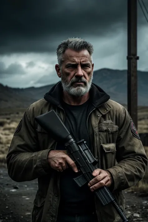 a battle-hardened ex-soldier with grey hair and a beard, rugged, weathered face, battle-scarred, wandering drifter, detailed highly realistic portrait, dramatic lighting, cinematic composition, moody atmosphere, (best quality,4k,8k,highres,masterpiece:1.2)...