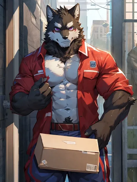 embedding:black wolf, male,purple eyes,Scar on the face, scar on the body,Single person,deliveryman，Standing outside the door,In the corridors,Robust,Contempt,With the express box in his hand,The highest quality of scene detail,adult,Tall and powerful,musc...