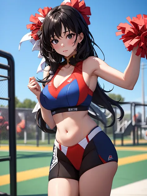 Yangyang from wuthering waves, 1woman, as a cheerleader, wearing cheerleading outfit, at an playground , black colour hair style, 8k, high detailed, high quality