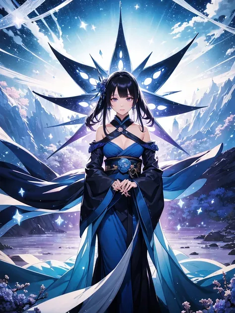 star world, a elegant furisode Lady long black hair and large purple eyes standing backstyle on a blue smallFlowers, holding a Japanese SENSE in her hand to summon flying Bright star around her. The background is full of large and small blue flowers, creat...