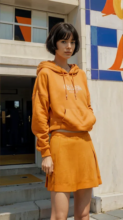 long shot portrait of cute 23 yo girl ,wear ((orange color oversized hoodie)), wear ((purple tennis skirt)),looking viewer,Best Quality,Masterpiece,Ultra High Resolution,(Realisticity:1.4),Original Photo, 1Girl, light leak,ultra high resolution,UHD,beautif...