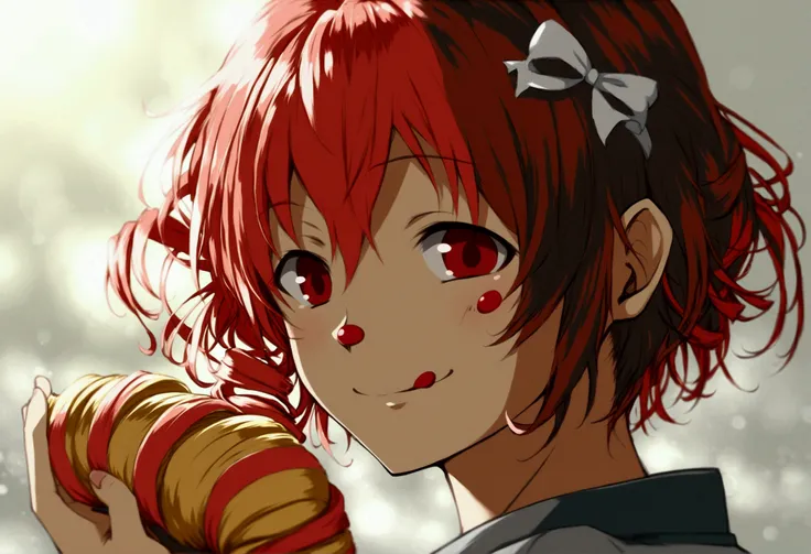 Kasane Teto, holding a baugette, smile, drill hair, twin-drill hair, soft-red hair, red eyes, 