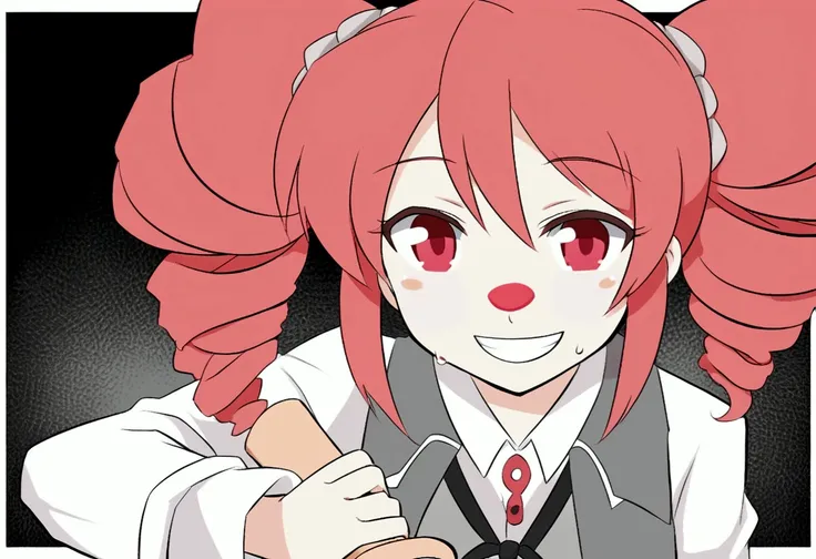 Kasane Teto, holding a baugette, smile, drill hair, twin-drill hair, soft-red hair, red eyes, 