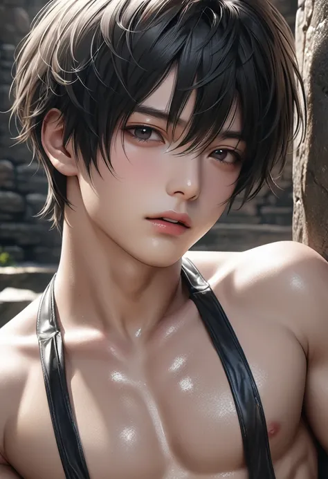 high quality, detailed, (22 years old japanese idol boy), (detailed black eyes), (black short hair),(shiny skin:1.3), black tiny thong, bulge,(detailed nipples), yard, dungeon, (best quality,4k,8k,highres,masterpiece:1.2), (face close up:0.7),(realistic,ph...