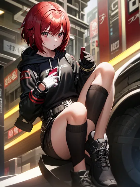 A girl with short red Bob style hair, white skin, light brown eyes, black gloves, black hoodie on head, black pants with straps, looking at the mobile phone in her hands