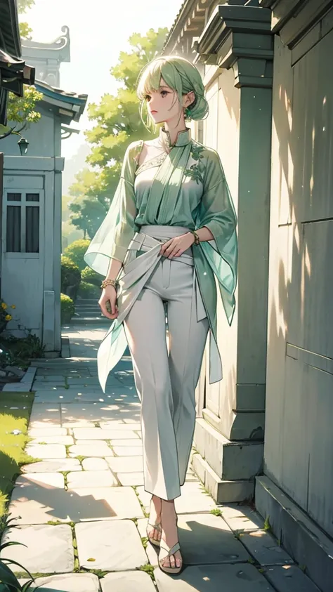 **clothing**: Pale green blouse and white capri pants、Delicate bracelet - **background**: Walking through the quiet shrine grounds