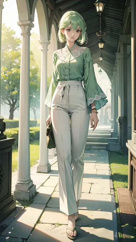 **clothing**: Pale green blouse and white capri pants、Delicate bracelet - **background**: Walking through the quiet shrine grounds