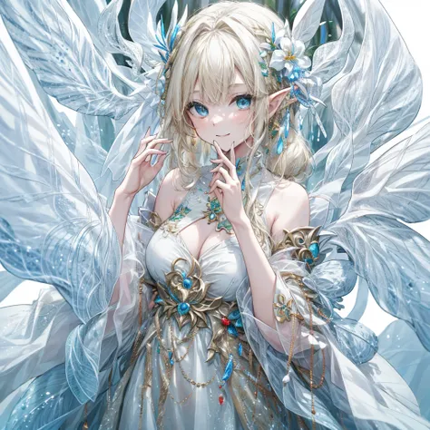 ((Highest quality)), ((masterpiece)), ((detailed)), 1woman, elf, 独奏, blonde hair, long hair, large breasts, dress, light smile, face focus, fantasy, forest