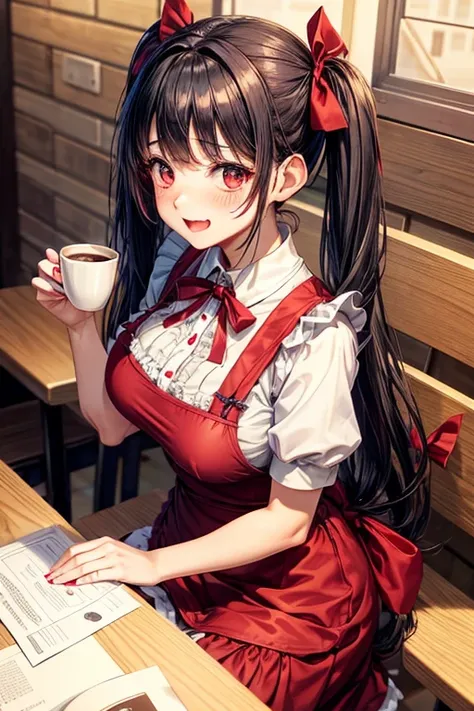 One adult woman,hair_Navy Blue,Twin tails,big tail,Cafe Waitress,apron_red,eye_pink,Lolita Fashion,uniform_red,Long dress_red,ストライプribbon,Frills,ribbon,Laughter,red面,Embarrassed face,Big ,cute,Coffee cup