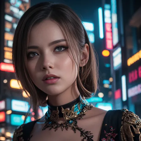 A glamorous girl, 1girl, detailed beautiful face, detailed beautiful eyes, detailed beautiful lips, long eyelashes, colorful vibrant outfit, intricate detailed clothing, dynamic pose, striking dramatic lighting, cinematic angle, neon cyberpunk city backgro...