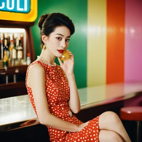 portrait of a retro giggling 60s beautiful face Korean girls, still from the film, ((solo)), (Anne Hathaway look alike face: 0.9), with sixties high hairstyle drinking a cosmopolitan, polkadot dress, in a sixties colorful bar, sixties wallpaper, giggling, ...