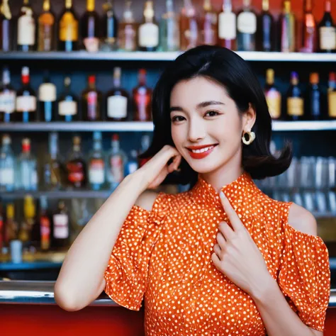 portrait of a retro giggling 60s beautiful face Korean girls, still from the film, ((solo)), (Anne Hathaway look alike face: 0.9), with sixties high hairstyle drinking a cosmopolitan, polkadot dress, in a sixties colorful bar, sixties wallpaper, giggling, ...