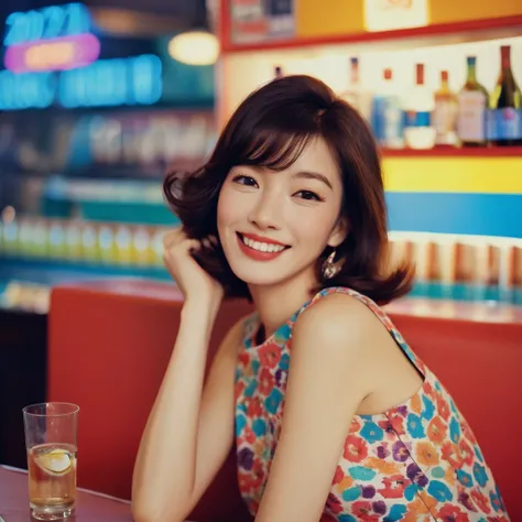 portrait of a retro giggling 60s beautiful face Korean girls, still from the film, ((solo)), (Anne Hathaway look alike face: 0.9), with sixties high hairstyle drinking a cosmopolitan, polkadot dress, in a sixties colorful bar, sixties wallpaper, giggling, ...