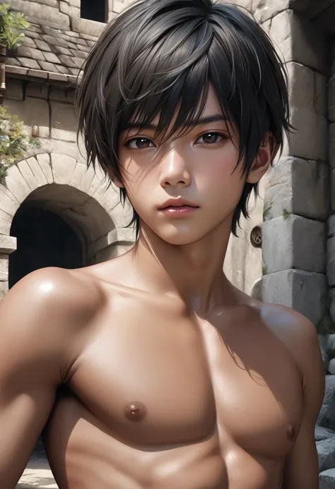 high quality, detailed, photo Realistic, (22 years old tanned japanese idol boy), (detailed black eyes), (black short hair),(tanned shiny skin:1.3), black tiny thong, bulge,(detailed nipples), yard, dungeon, (best quality,4k,8k,highres,masterpiece:1.2), (f...