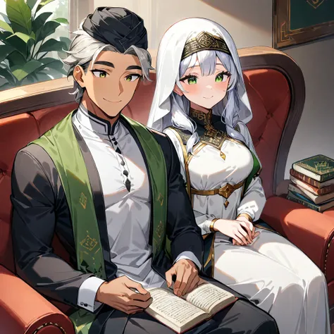 1girl, 1boy, Ayesha and Zubair, from Quran, left, smiling, white hijab, green scarf, Zubair on the right, smiling, white jubba, black turban, both sitting on a couch, books around them, masterpiece, best quality, very aesthetic, ((medium quality)), ((mediu...