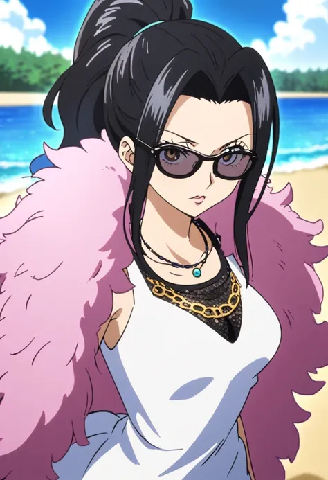 source_anime, 1girl, nico robin wearing a white short dress with a blue feather boa, nicogold, necklace, sunglasses, black hair, ponytail, upper body, looking at viewer, beach background, one piece robin 