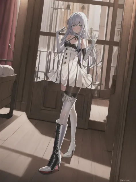 (in sex hotel, masterpiece, best quality:1.2), 1girl, , waving hair, long hair, ((white high heel boots and white elbow gloves))