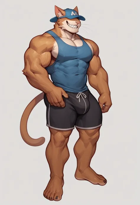 Cat, full body , good looking, male, anthro, shorts, ultradetailed, muscular, Barefoot, plantigrade feet , massive feet , vains , gigantic thorbing hard bulge, solo, bareness, rippling muscles, muscles, simple background, white background, tail, cap, obscu...