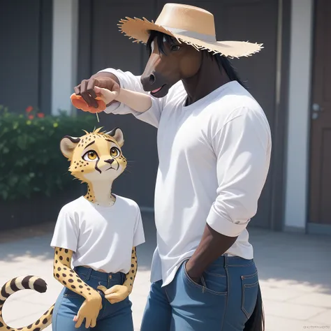 （furry、cheetah boy）、yellow fur、black spots、straw hat、white shirt、blue jeans、ranch、black horse behind、