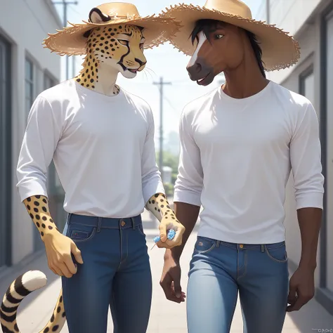 （furry、cheetah boy）、yellow fur、black spots、straw hat、white shirt、blue jeans、ranch、black horse behind、