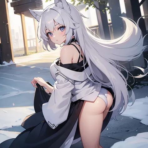 A girl with wolf ears and a long, fluffy white tail