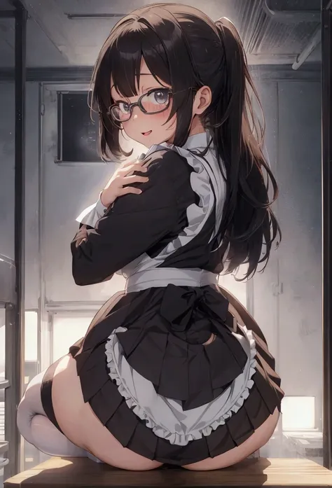 Anime girl sitting on a shelf with her arms crossed, , chic, アニメ girl in a Maid costume, Gwaiz, Gwaiz on pixiv artstation, Gwaiz on artstation pixiv, Maid outfit, gorgeous Maid, Beautiful anime girl crouching, (SFW) Safe at Work, アニメ Maid  ss military, Mai...