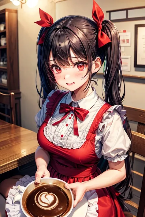 One adult woman,hair_Navy Blue,Twin tails,big tail,Cafe Waitress,apron_red,eye_pink,Lolita Fashion,uniform_red,Long dress_red,ストライプribbon,Frills,ribbon,Laughter,red面,Embarrassed face,Big ,cute,Coffee shop