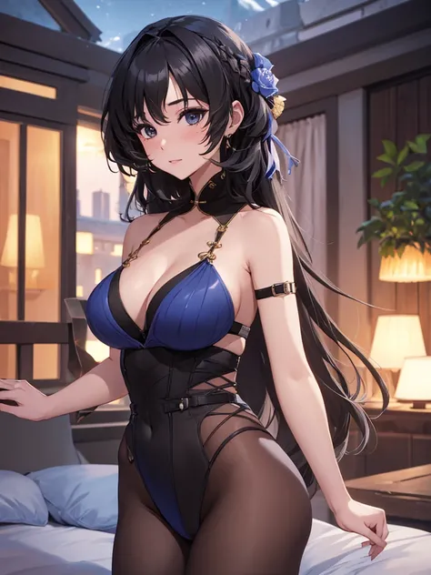 Yangyang from wuthering waves game, 1girl, weaing a lingerie at night bed, black colour hair style, 8k, high detailed, high quality