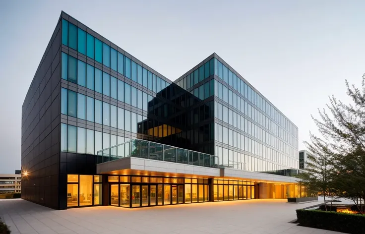 exterior of highrise hotel building, contemporary style, inspired of Norman Forster, glass with steel frame facade, 5 stars hotel design, beautiful landscape, stone pavement,cars, RAW photo, 8k uhd, dslr, soft lighting, high quality, film grain, Fujifilm X...