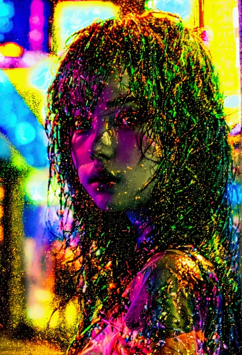 (32K) 16K, 8k, 4K, finely detail, hight resolution, hightquality, Perfect dynamic composition, Beautiful detailed eyes, Long Hair, cute photorealistic kawaii anime girl in the city, surrounded colorful neon lights and glowing lines of data flow, double exp...