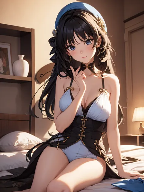 Yangyang from wuthering waves game, 1girl, weaing a Pajamas at morning bed, black colour hair style, 8k, high detailed, high quality