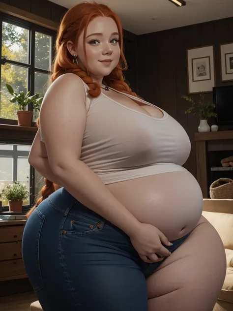 A happy, sidewiev photo of a young redhead ssbbw with long braided ginger hair, very very Huge soft hanging fat belly, her belly hanging over her thights, very obese fat arms, huge  butt, cute pretty face, fat huge breasts in a summer top and jeans, holdin...