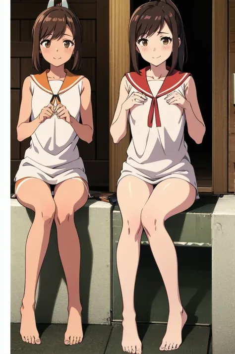 Highest quality, masterpiece, High resolution, ((Perfect hands, Perfect Legs, Perfect Anatomy)), One Girl, ((alone)), whole body, blush, smile, I401KC, Brown Hair, Short ponytail, White shirt, Sleeveless, headgear, Sunburn, Sunburnlines, Sailor shirt, Oran...