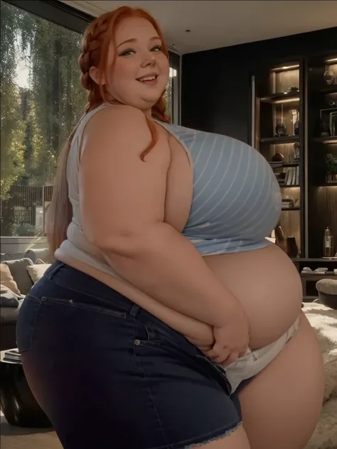 A happy, sidewiev photo of a young redhead ssbbw with long braided ginger hair, very very Huge soft hanging fat belly, her belly hanging over her thights, very obese fat arms, huge  butt, cute pretty face, fat huge breasts in a summer top and jeans, holdin...