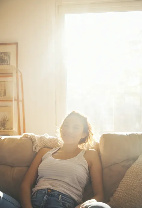 a photograph of highest quality a woman is sitting on her couch, photograph, 100mm, zoom, sunlight, indoors, happy, haze, atmosphere