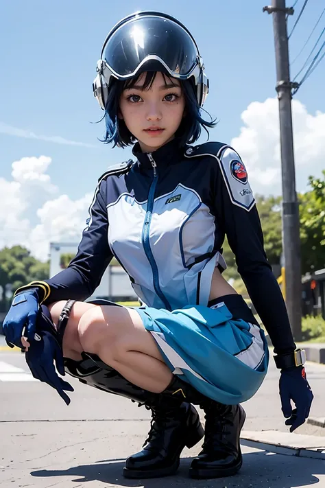 (masterpiece, highest quality, highest resolution, distinct_image, detailed details): (Solo, lone girl, Japan face, blue haired girl, short cut, full body figure, small size breasts, sparkling blue colored eyes, pilot suit in metallic white and blue color,...