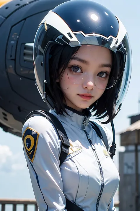 (masterpiece, highest quality, highest resolution, distinct_image, detailed details): (Solo, lone girl, Japan face, blue haired girl, short cut, full body figure, small size breasts, sparkling blue colored eyes, pilot suit in metallic white and blue color,...