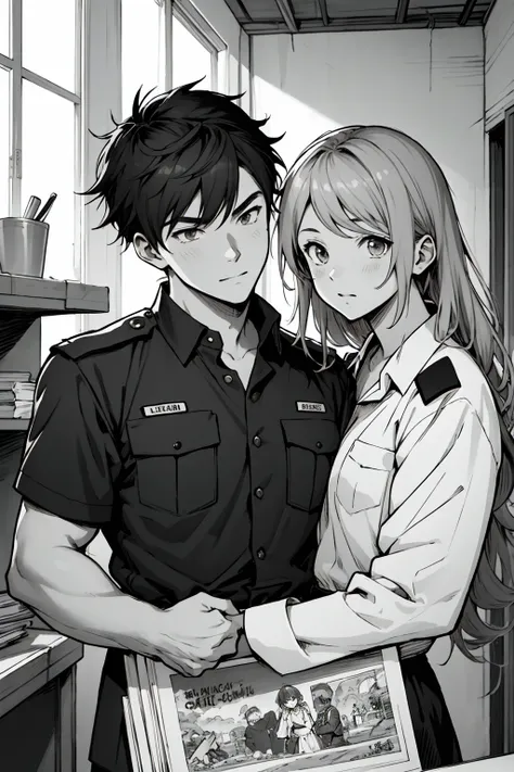 top quality, best quality, highres, unparalleled masterpiece, perfect artwork, paid reward available, indoor, couple of comics(super cute 1girl, 1man, military uniform)tumblr, sosaku hanga, doujin, ddlc, anime, black and white, zerochan,