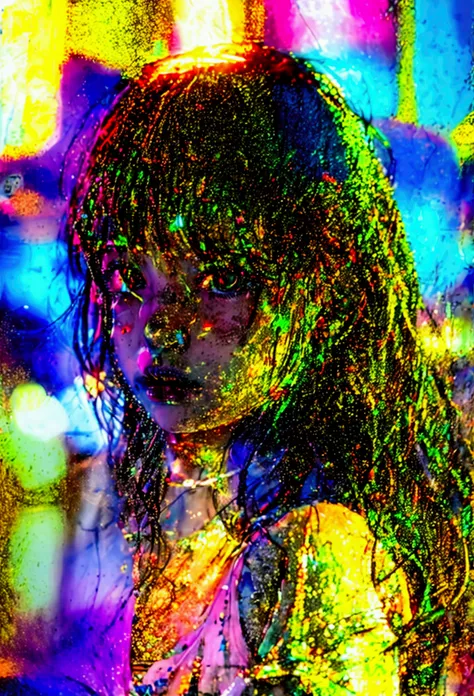 (32K) 16K, 8k, 4K, finely detail, hight resolution, hightquality, Perfect dynamic composition, Beautiful detailed eyes, Long Hair, cute photorealistic kawaii anime girl in the city, surrounded colorful neon lights and glowing lines of data flow, double exp...